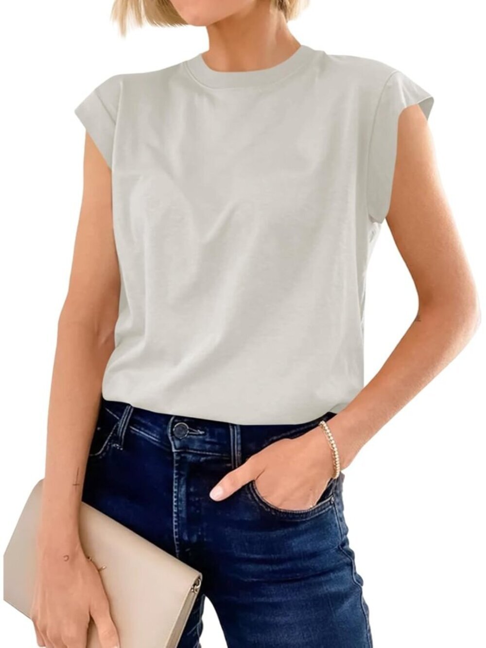 Womens Light Grey Short Sleeve Crew Neck Basic Tee Loose Fit Cotton T Shirts